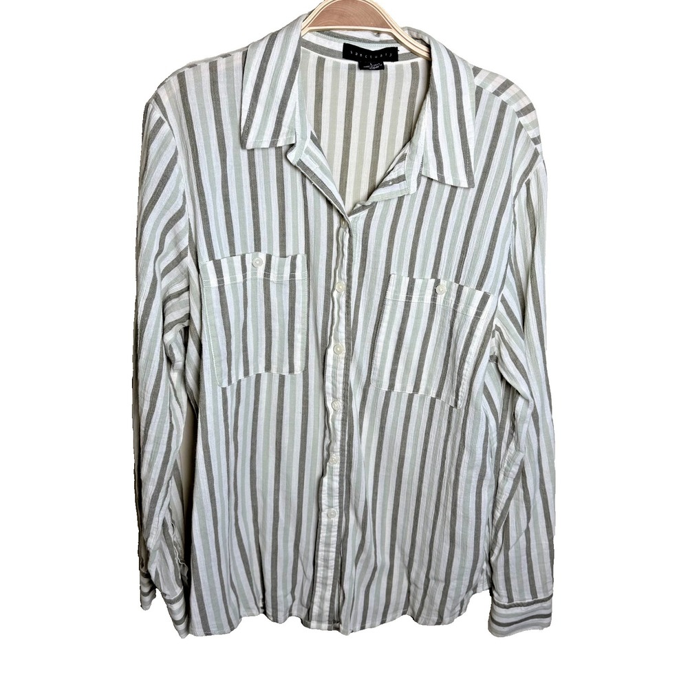 Sanctuary Sz L Green White Striped Linen Blend Roll Tab Sleeve Beach Cotton